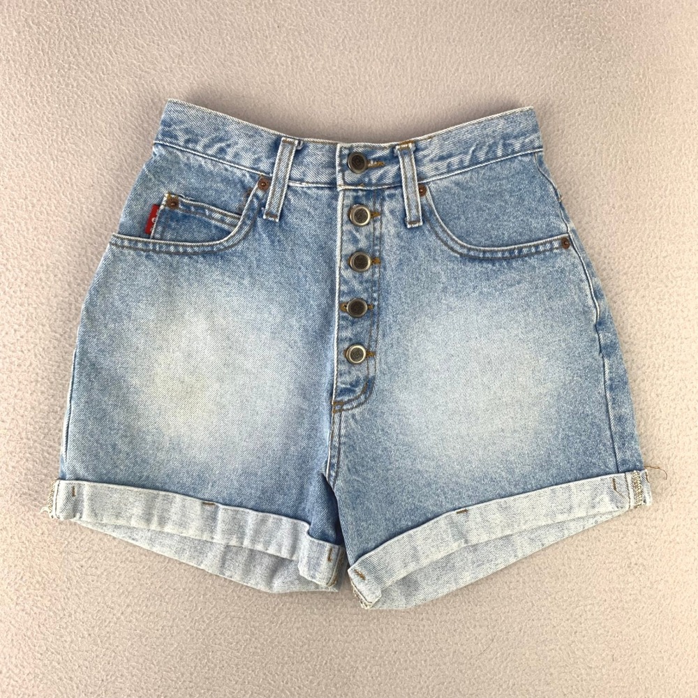Vintage L.E.I.‎ Riding Wear Denim Shorts Women 5 Blue High Rise Button Fly Cuff